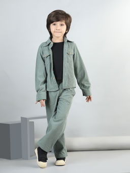 AWW HUNNIE - Green Cotton Full Sleeves Coordinating Corduroy Shirt with T-Shirt & Pant