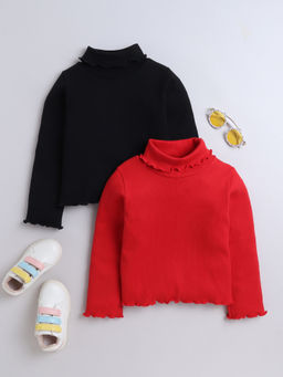 AWW HUNNIE - Red & Black Cotton Rib Full Sleeves Solid T-Shirts