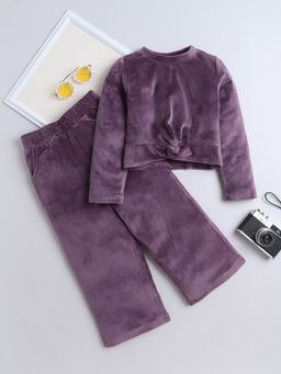 AWW HUNNIE - Purple Velvet Full Sleeves Solid Crop Top with Pant