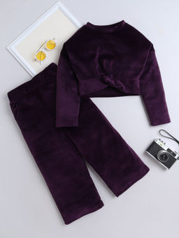 AWW HUNNIE - Purple Velvet Full Sleeves Solid Crop Top with Pant
