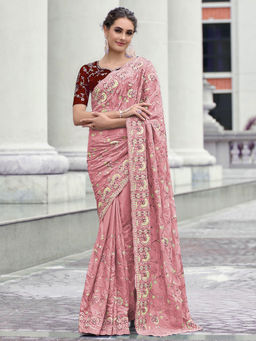Odette - Pink Fancy Embroidered Saree with Unstitched Blouse