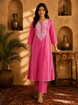 Sindh Fashion - Pink Solid Embroidered Kurta and Pant