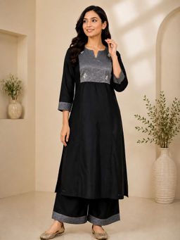 HAAVI BY PURAB - Women's Black Chanderi Silk Embroidered Kurta with Palazzo