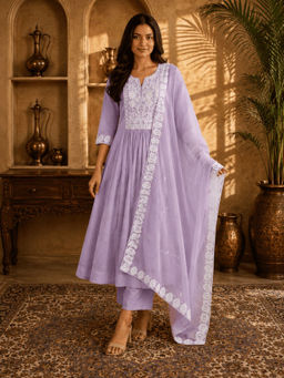 Sindh Fashion - Lit Purple Floral Embroidery Anarkali with Pant & Dupatta