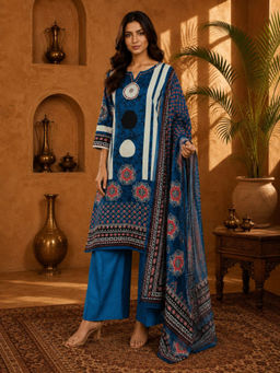 Sindh Fashion - Blue Printed Kurta with Palazzo and Dupatta