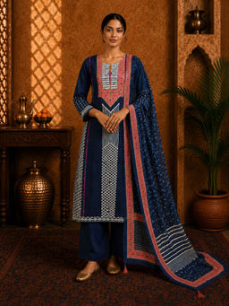 Sindh Fashion - Navy Blue Printed Kurta with Palazzo & Dupatta