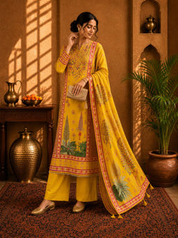 Sindh Fashion - Yellow Printed Kurta with Palazzo & Dupatta