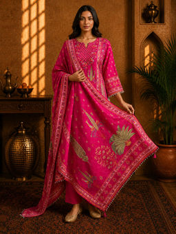 Sindh Fashion - Pink Floral Kurta with Pant & Dupatta