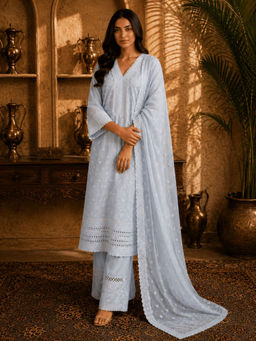 Sindh Fashion - Powder Blue Floral Embroidery Kurta with Palazzo & Dupatta