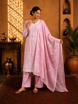 Sindh Fashion - Blush Pink Embroidered Kurta with Pant & Dupatta
