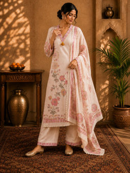 Sindh Fashion - Ivory Blossom Embroidered Kurta with Palazzo & Dupatta