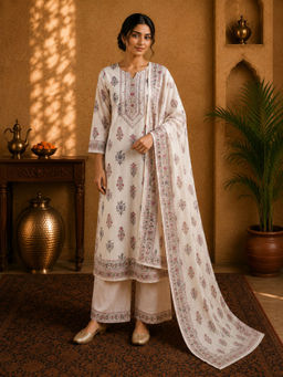 Sindh Fashion - Ivory Mist Floral Printed Kurta with Palazzo & Dupatta
