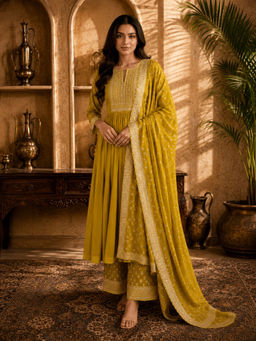 Sindh Fashion - Mustard Printed Anarkali with Pant & Dupatta