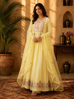Sindh Fashion - Lit Yellow Floral Embroidery Anarkali with Pant & Dupatta