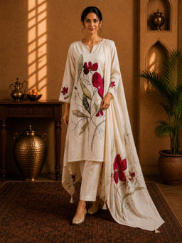 Sindh Fashion - Ivory Crimson Bloom Floral Kurta with Pant & Dupatta
