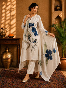 Sindh Fashion - White Bloom Floral Kurta with Pant & Dupatta