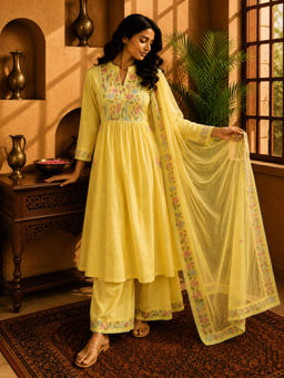 Sindh Fashion - Yellow Bloom Embroidered Kurta with Palazzo & Dupatta