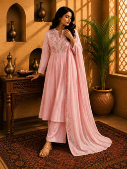 Sindh Fashion - Pink Embroidered Kurta with Palazzo & Dupatta