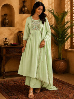 Sindh Fashion - Light Green Blossom Embroidered Kurta with Palazzo & Dupatta