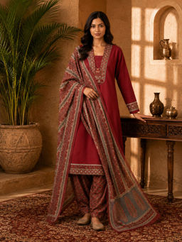 Sindh Fashion - Red Embroidered Kurta with Salwar & Dupatta