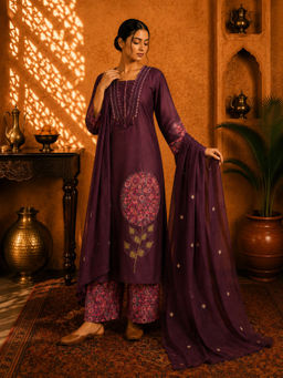 Sindh Fashion - Wine Purple Printed Kurta with Palazzo & Dupatta