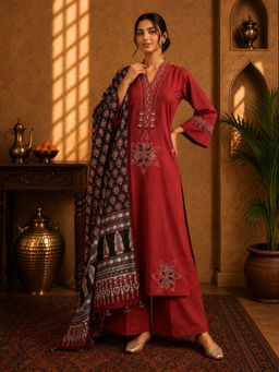 Sindh Fashion - Maroon Elegance Kurta with Palazzo & Dupatta