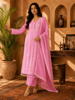 Sindh Fashion - Pink Floral Embroidery Kurta with Pant & Dupatta
