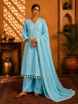 Sindh Fashion - Powder Blue Embroidered Kurta with Palazzo & Dupatta