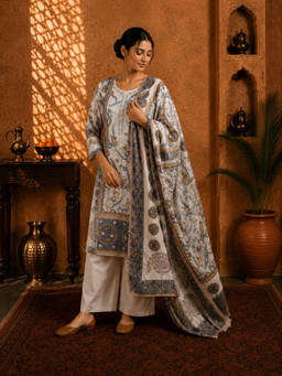 Sindh Fashion - Grey Heritage Printed Kurta with Palazzo & Dupatta