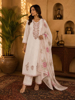 Sindh Fashion - Ivory Floral Embroidery Kurta with Pant & Dupatta