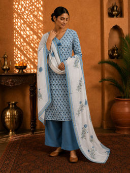Sindh Fashion - Blue Heritage Printed Kurta with Palazzo & Dupatta