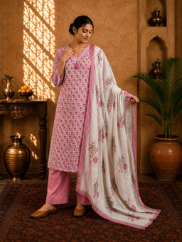 Sindh Fashion - Blush Pink Floral Kurta with Pant & Dupatta