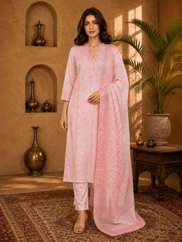 Sindh Fashion - Pink Floral Printed Kurta with Pant & Dupatta