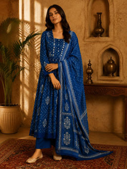 Sindh Fashion - Blue Printed Anarkali Kurta with Pant & Dupatta