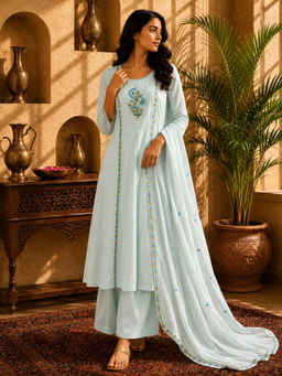 Sindh Fashion - Sky Blue Embroidered Floral Kurta with Palazzo & Dupatta