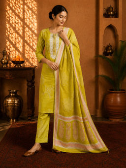 Sindh Fashion - Lime Green Printed Kurta with Pant & Dupatta