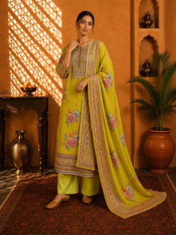Sindh Fashion - Green Blossom Printed Kurta with Palazzo & Dupatta