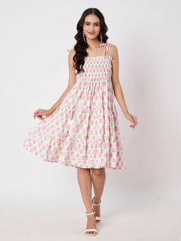 SILCHIC - Women's Pink Floral Print Tiered Strap Dress