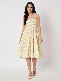 SILCHIC - Women's Yellow Floral Print Tiered Strap Dress