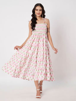 SILCHIC - Women's Pink Floral Print Tiered Long Strap Dress
