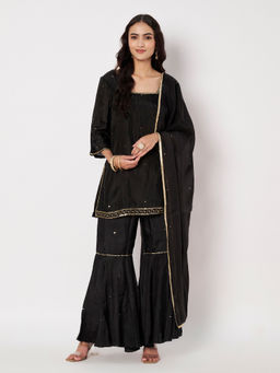 SILCHIC - Women's Black Short Kurti with Sharara & Dupatta