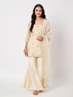 SILCHIC - Women's Beige Short Kurti with Sharara & Dupatta