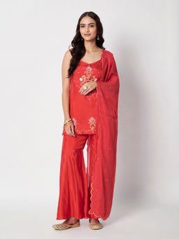 SILCHIC - Women's Red Embroidered Short Kurti with Sharara & Dupatta