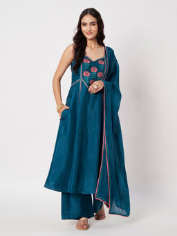 SILCHIC - Women's Teal Blue Embroidered Kurta with Pant & Dupatta