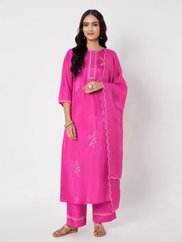 SILCHIC - Women's Pink Embroidered Kurta with Pant & Dupatta