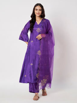SILCHIC - Women's Purple Zari Embroidered Kurta with Pant & Dupatta