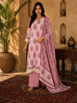 Sindh Fashion - Pink Floral Printed Kurta with Palazzo & Dupatta