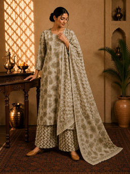 Sindh Fashion - Olive Floral Printed Kurta with Palazzo & Dupatta