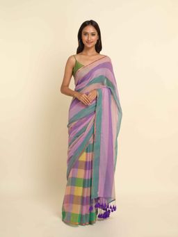 Suta - Multi-Color Checks Cotton Blend Saree