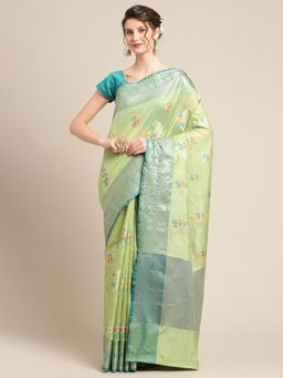 Banarasi Silk Works - Mulberry Woven Saree Green with Unstitched Blouse